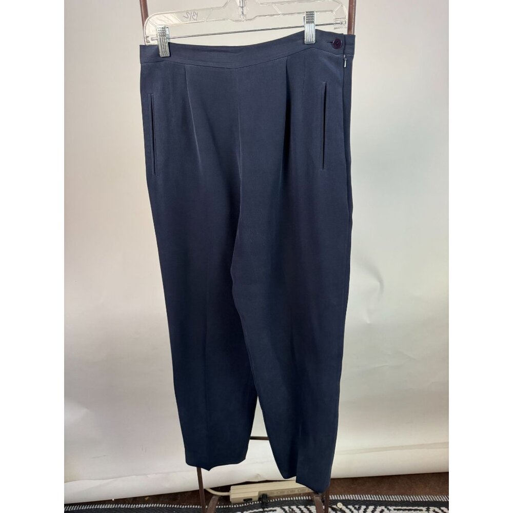 Chaus Womens 100% Silk Navy Pleated High-Waisted Trousers Size 10